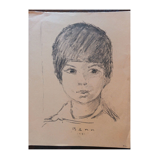 Dessin de 1981 de Benn représentant le portrait d’un jeune garçon, œuvre non encadrée au format 25 x 33 cm