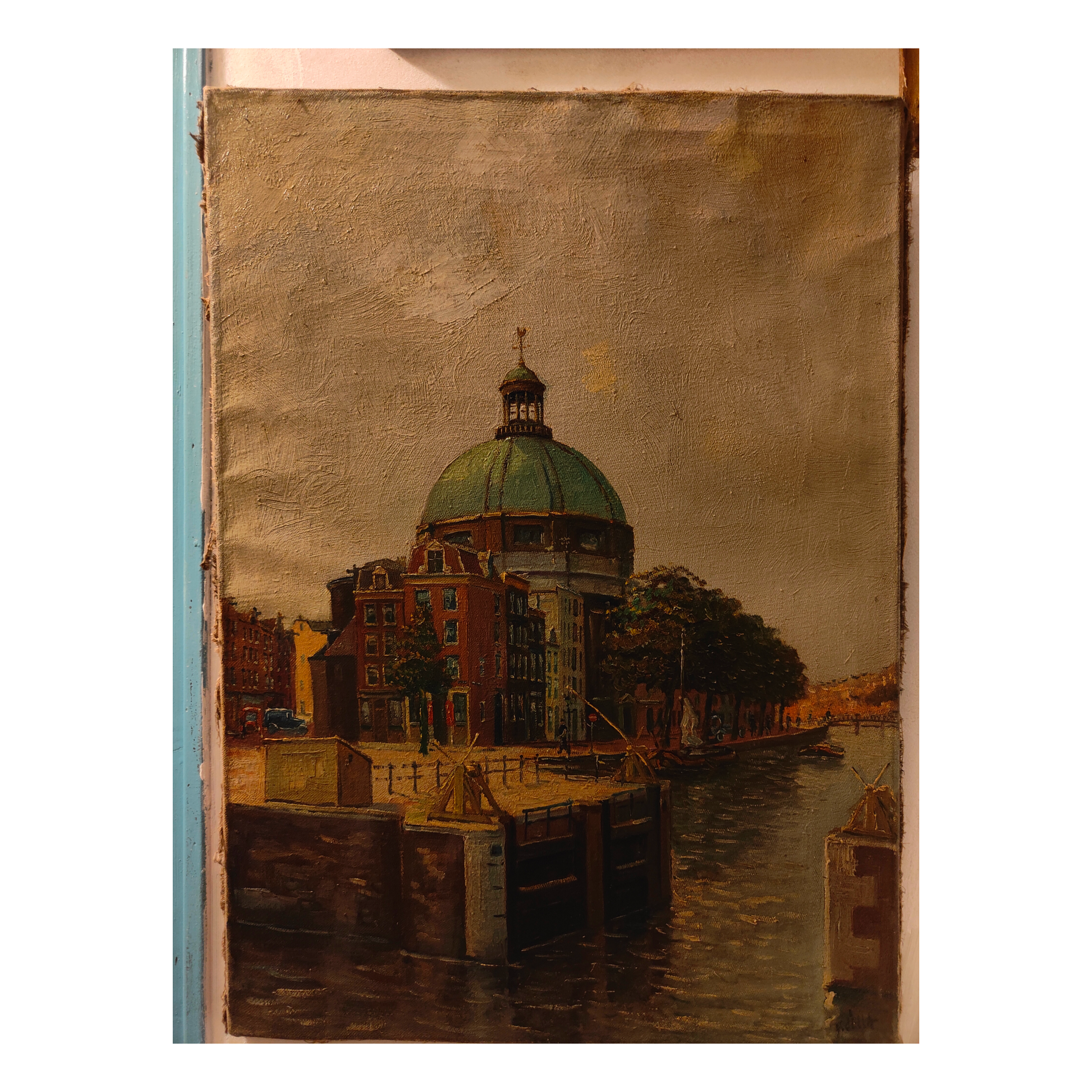La Sprée huile sur toile non signée paysage fluvial rivière art européen moderne 300 euros