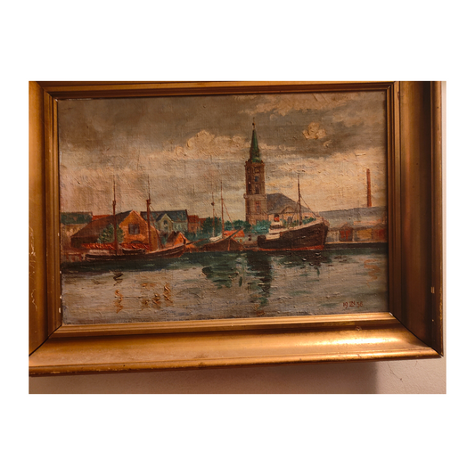 Port allemand huile sur toile monogrammé I.N. scène portuaire bateaux quai art moderne
