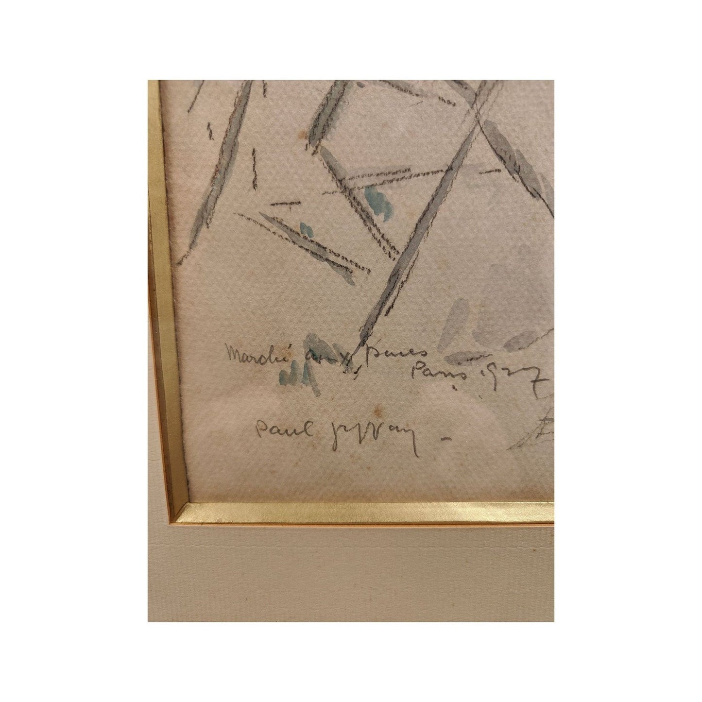  Aquarelle marché aux puces Paris 1927, scène de rue parisienne, signée Paul Jeffay, encadrée 35x42cm 