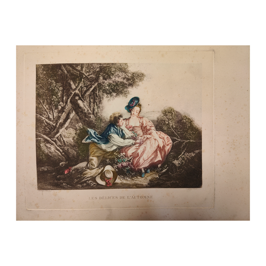 Les délices de l'automne gravure Boucher gravée par Daulle scène automnale personnages nature récoltes art graphique XVIIIe siècle

