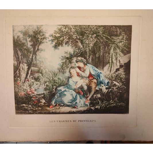 Les charmes du printemps gravure Boucher gravée par Daulle scène printanière personnages nature fleurs art graphique XVIIIe siècle
