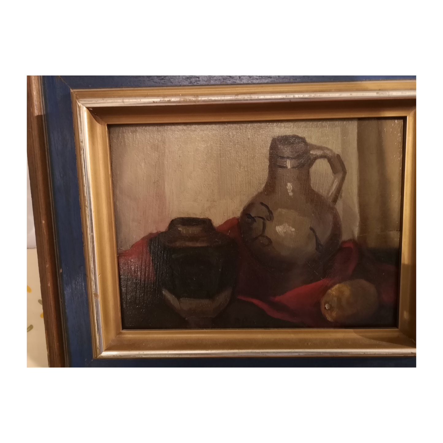 Nature morte à la cruche huile sur toile non signée composition florale et objet art moderne
