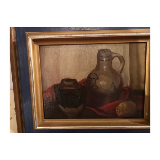 Nature morte à la cruche huile sur toile non signée composition florale et objet art moderne
