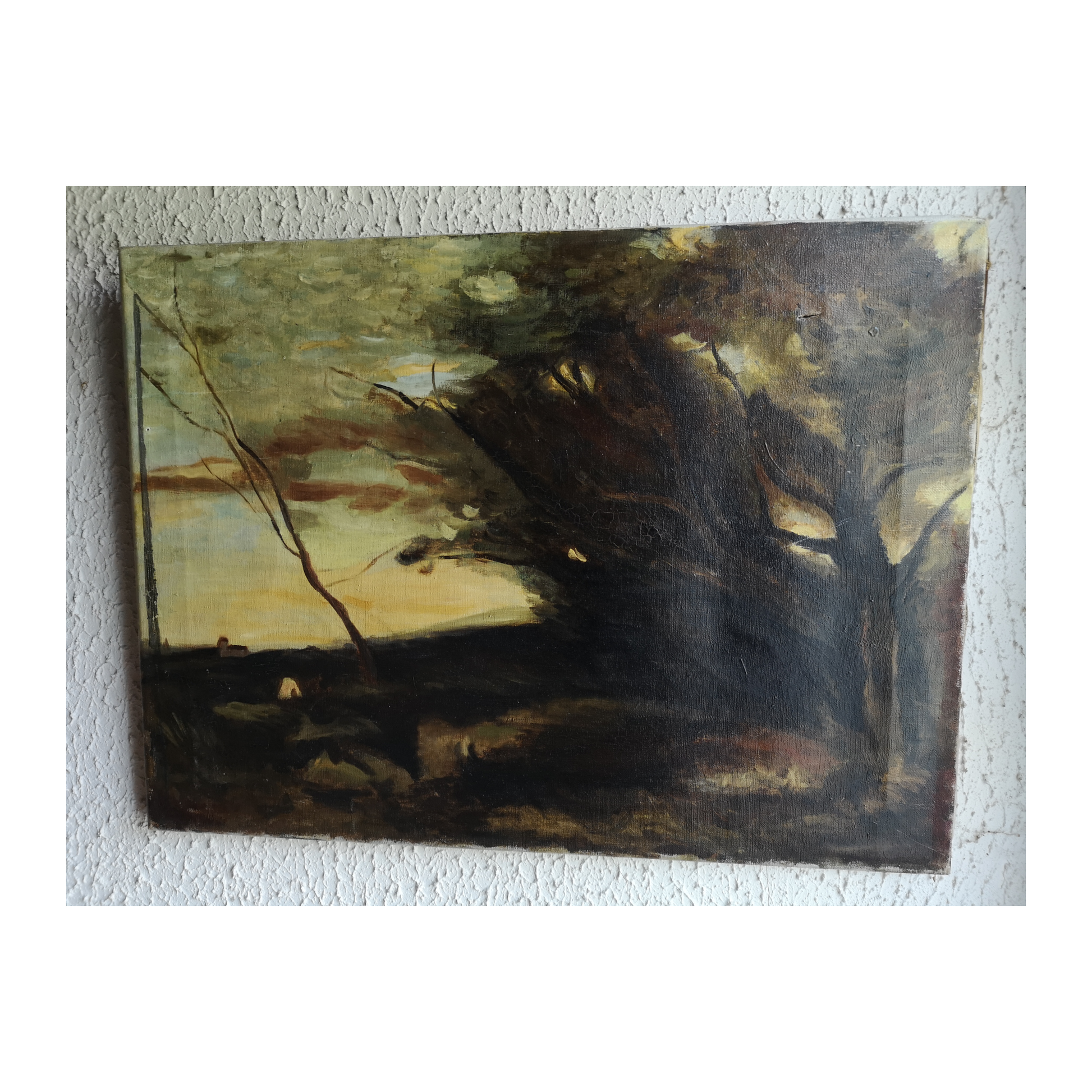 Aux Champs huile sur toile non signée paysage rural campagne scène champêtre art moderne
