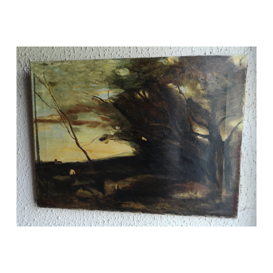 Aux Champs huile sur toile non signée paysage rural campagne scène champêtre art moderne
