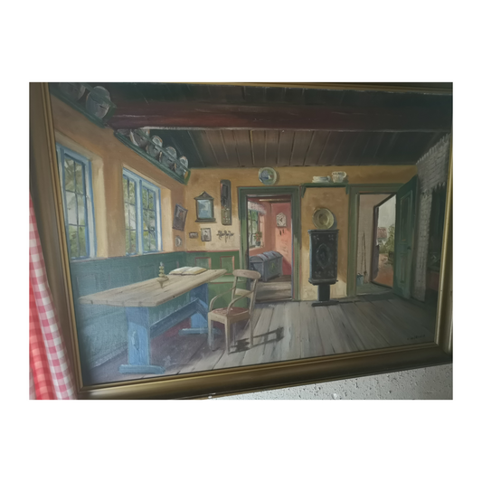 Intérieur allemand peinture à l'huile Werner K. représentation d'une scène domestique art allemand moderne
