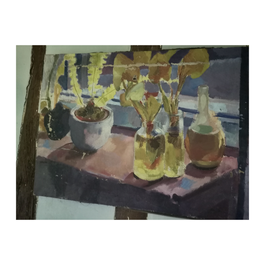 Par la fenêtre huile sur toile Louis Wolshonok scène intérieure vue extérieure art européen moderne 350 euros