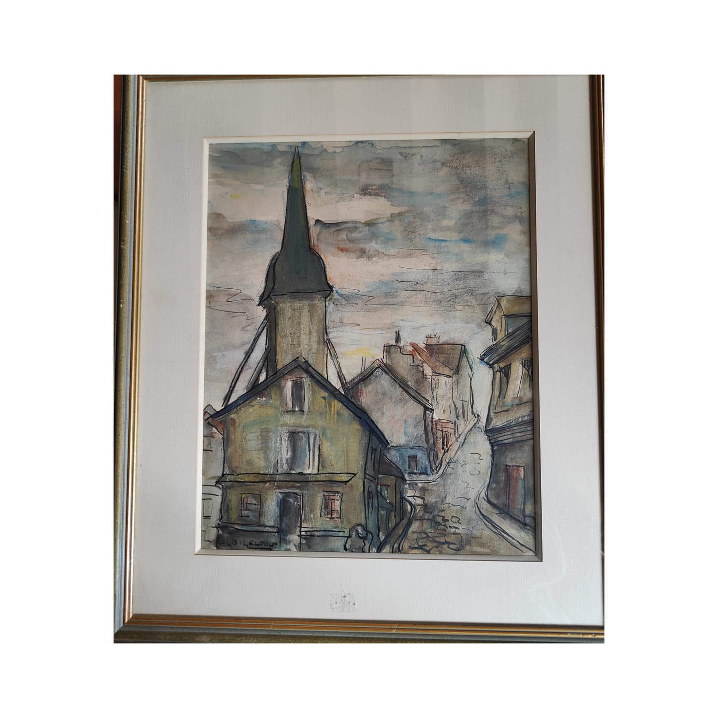 Église de village aquarelle Albert Lelouch architecture religieuse paysage français art moderne 44x52 cm 450 euros