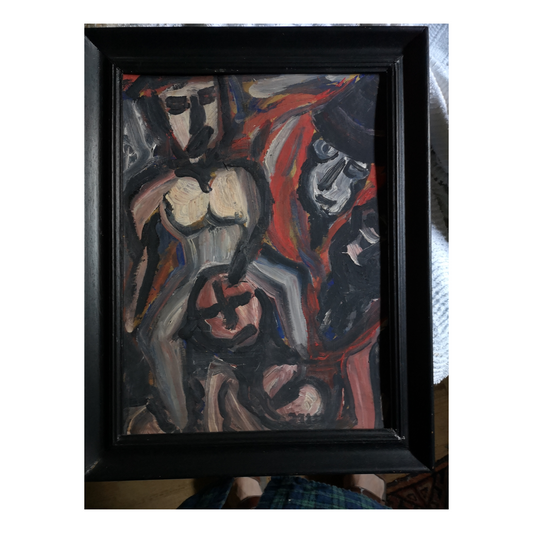 Carnaval des Fous huile sur toile non signée scène carnavalesque personnages costumés art moderne
