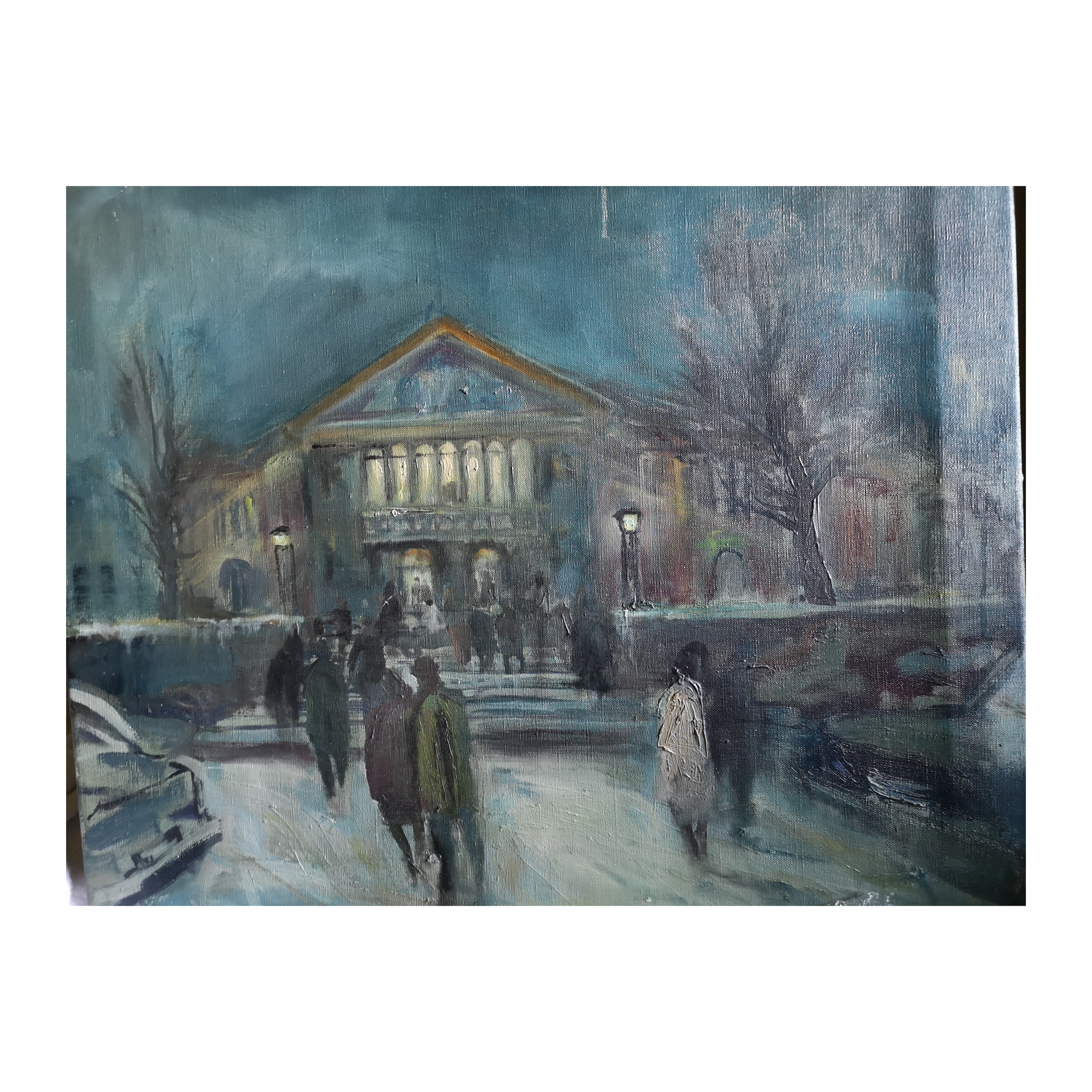 Un Soir au Théâtre huile sur toile non signée scène théâtrale spectateurs intérieur artistique art moderne
