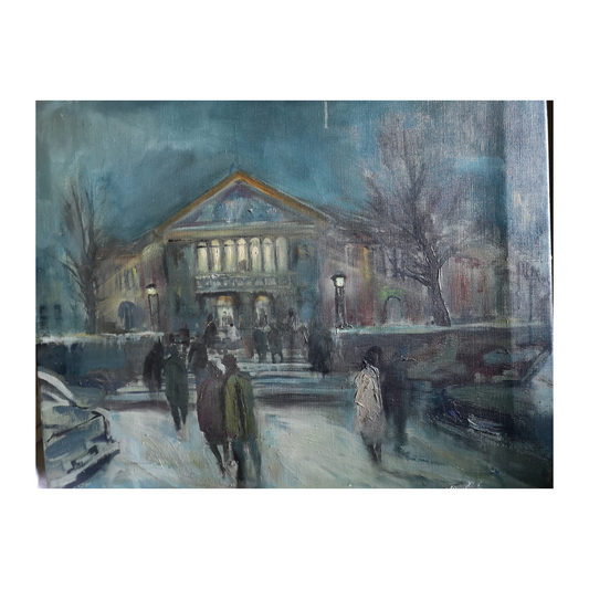 Un Soir au Théâtre huile sur toile non signée scène théâtrale spectateurs intérieur artistique art moderne
