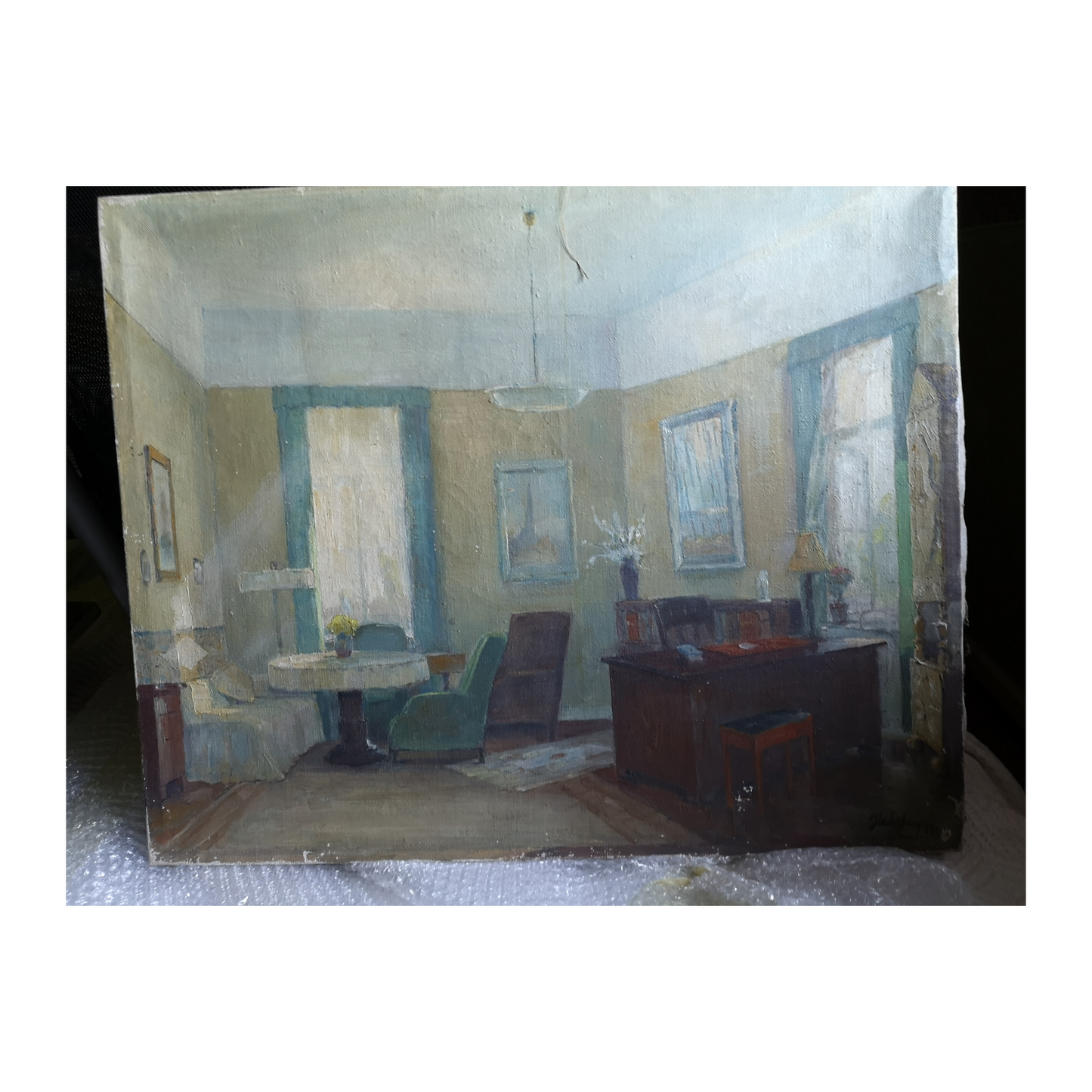 Intérieur allemand 1940 huile sur toile École Allemande scène domestique ambiance historique art allemand
