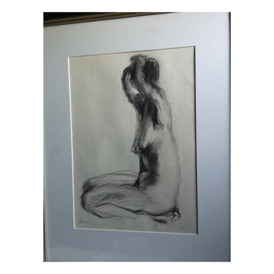 Nu assis se coiffant dessin signature non reconnue nu féminin toilette intimiste art français authentique