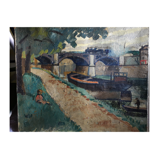 Bord de Seine huile sur toile signé Patrix paysage fluvial rive de rivière scène urbaine art moderne
