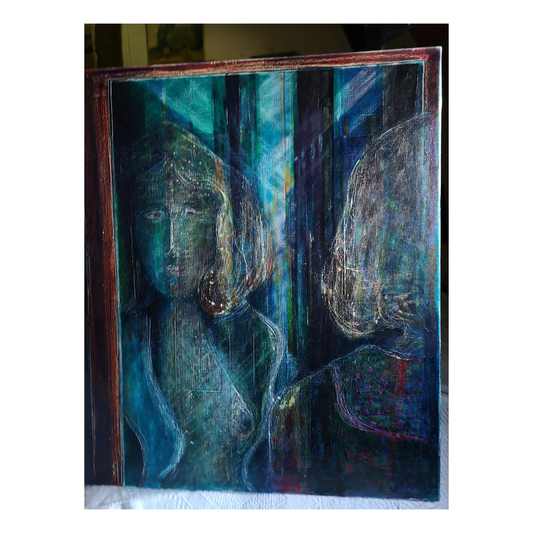 Dans le miroir en bleu peinture à l'huile Thomas Brucher reflet féminin intérieur artistique art contemporain
