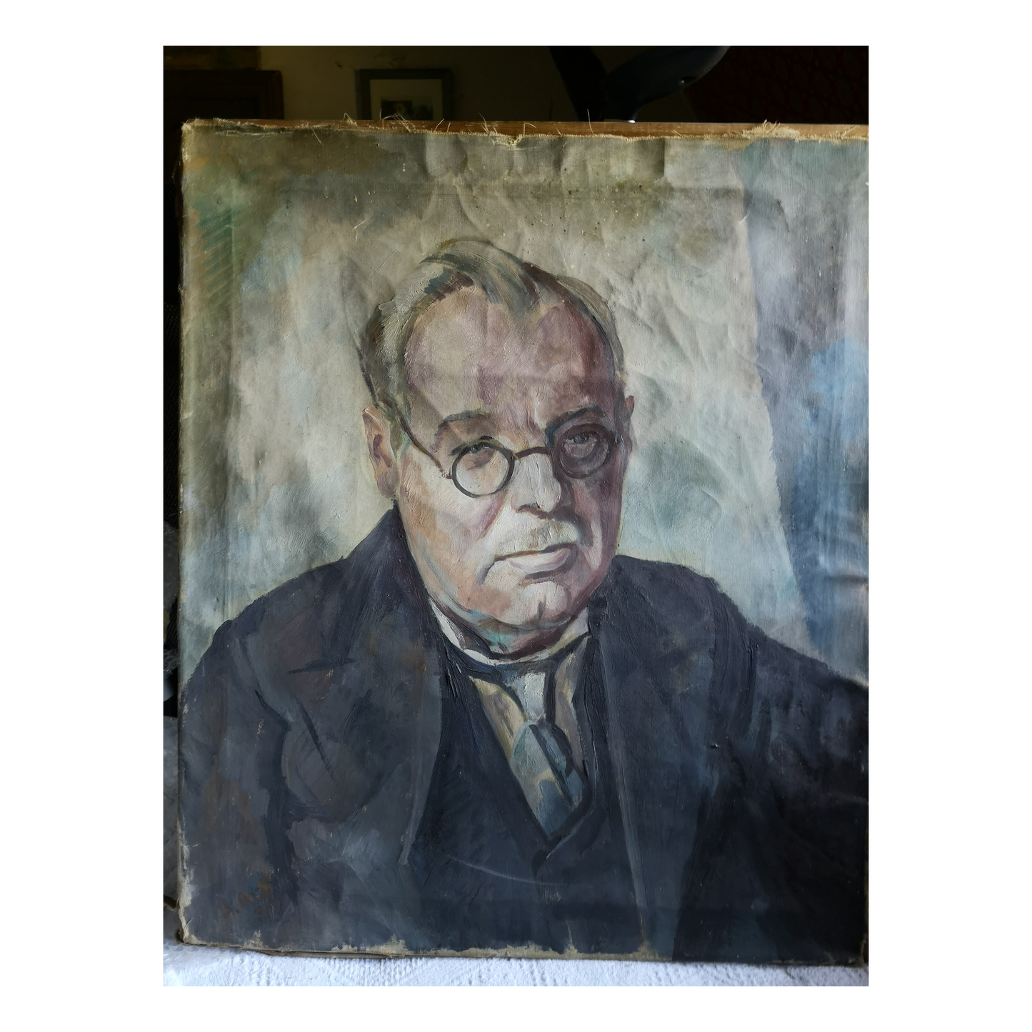 Portrait d'un homme aux lunettes peinture à l'huile non signée effigie masculine visage avec lunettes art moderne
