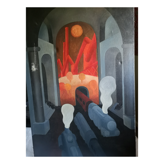 En gare huile sur toile Gianni scène ferroviaire art italien moderne 60x92 cm 450 euros
