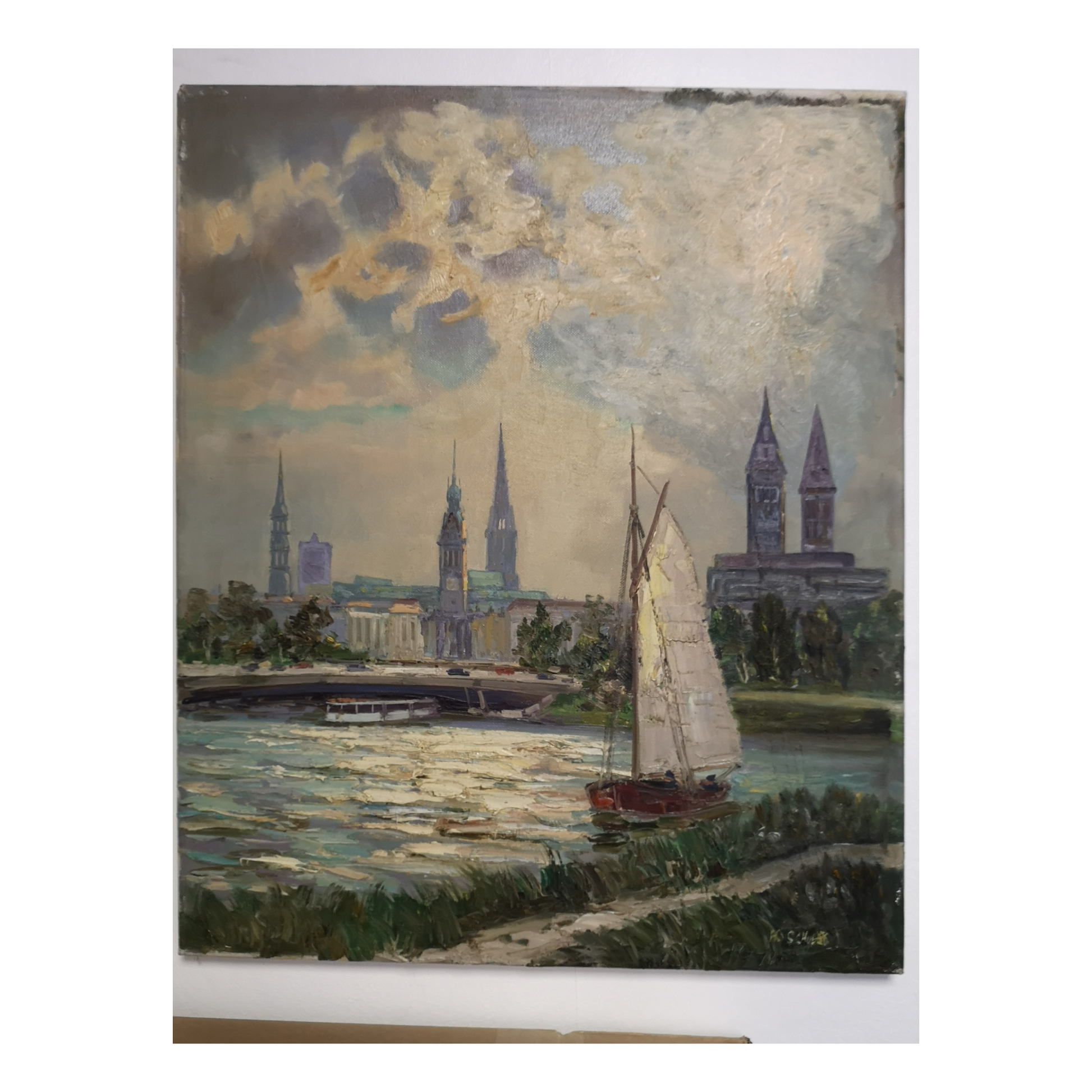 Le Pont des Lombards, Hambourg peinture à l'huile H. Schultz vue urbaine pont urbain scène portuaire art moderne
