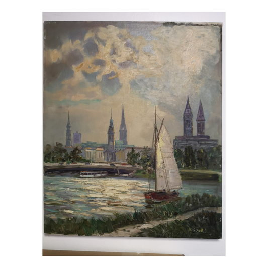 Le Pont des Lombards, Hambourg peinture à l'huile H. Schultz vue urbaine pont urbain scène portuaire art moderne
