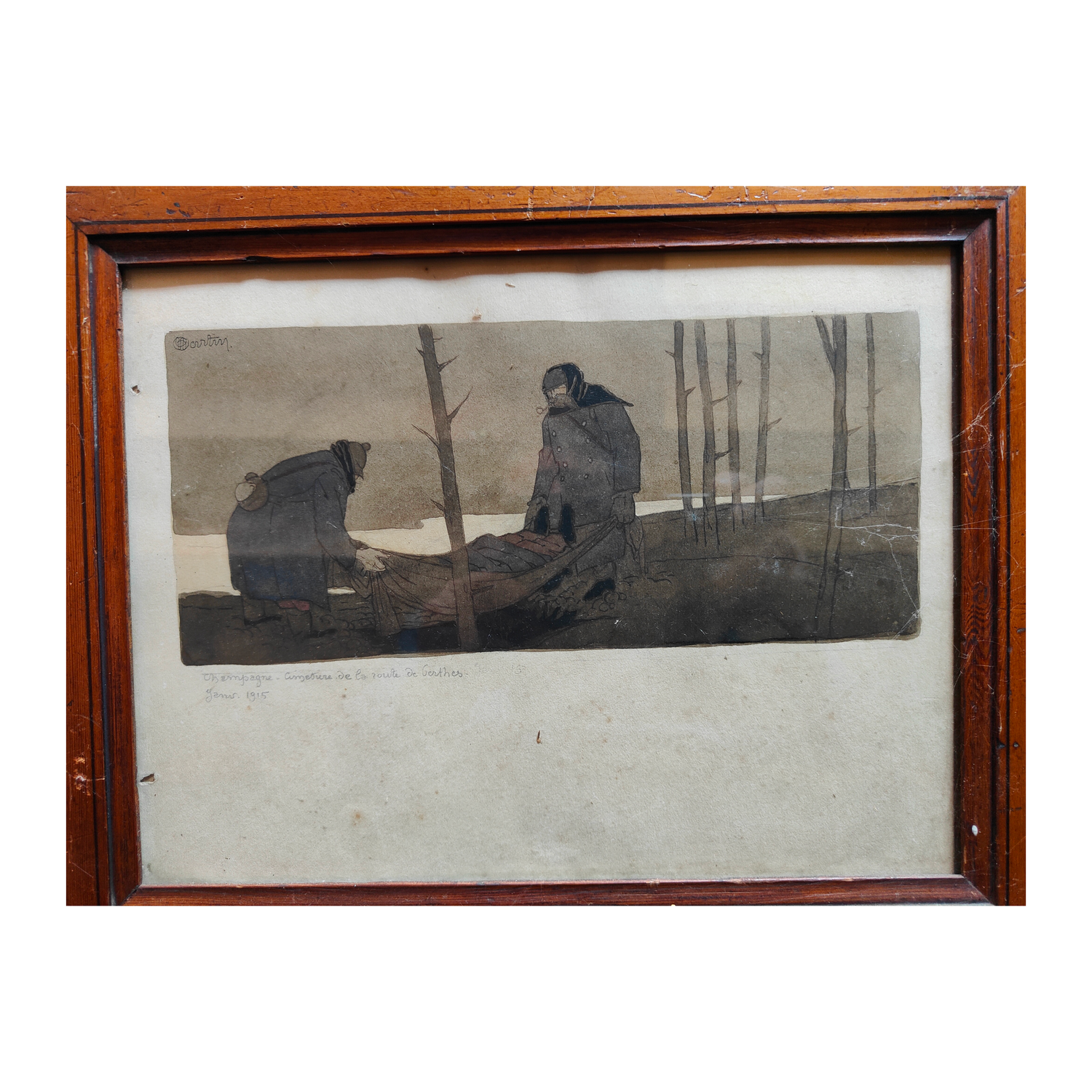 Enterrement sur la route de Perthes 1915 aquarelle Charles Martin scène guerre 14-18 art français historique 260 euros