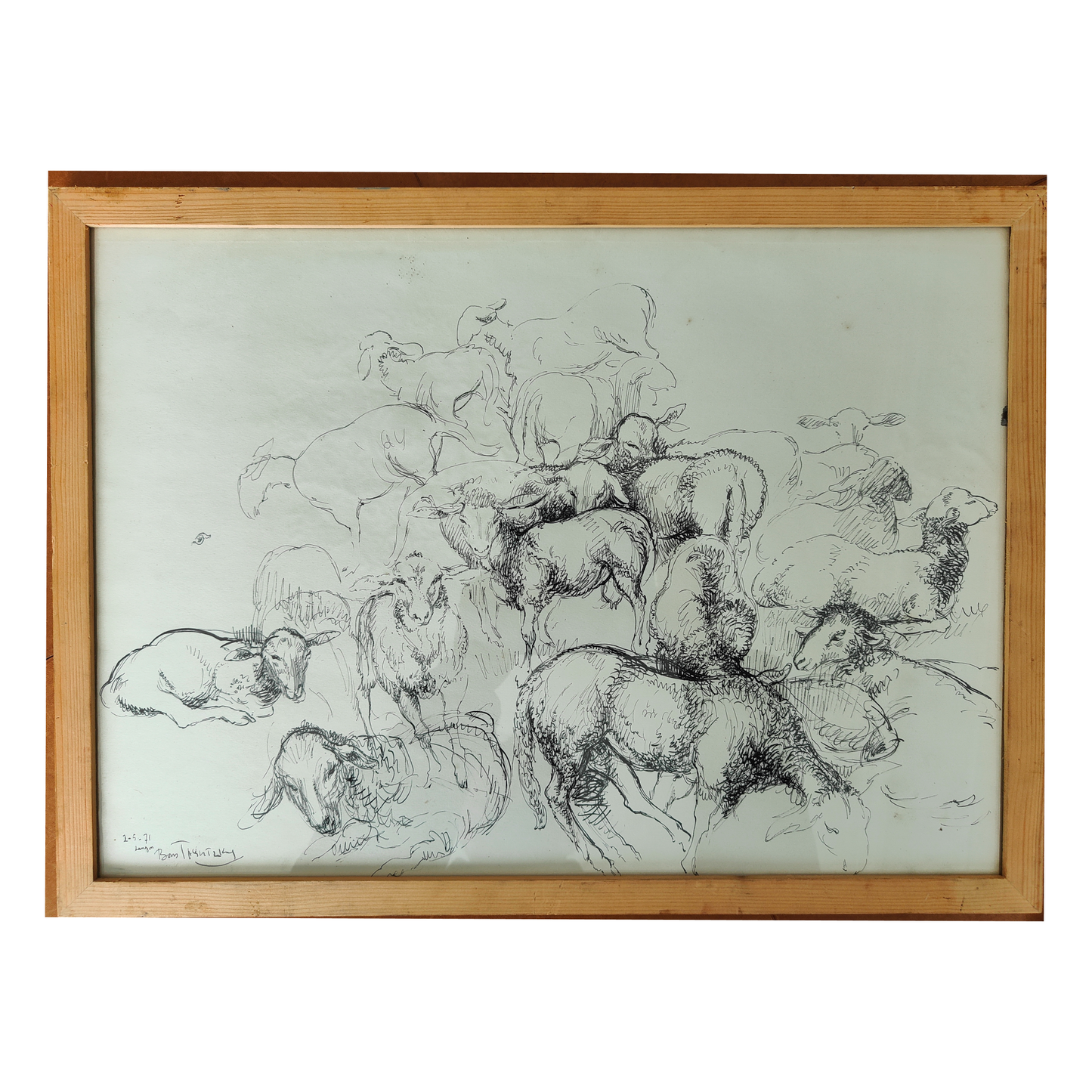 Moutons dessin encre Boris Taszlitski scène rurale animaux art moderne français 500 euros