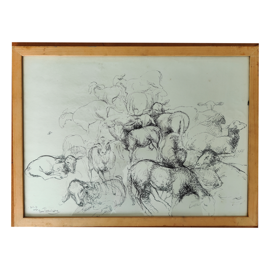 Moutons dessin encre Boris Taszlitski scène rurale animaux art moderne français 500 euros