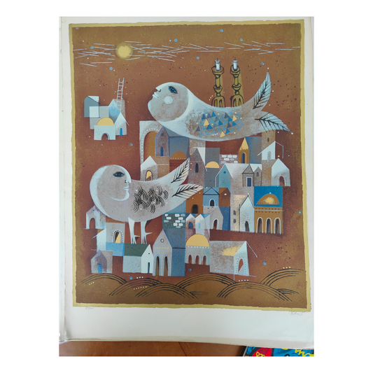 Migratory Birds lithographie Samy Briss oiseaux migrateurs vol scène naturelle art graphique contemporain
