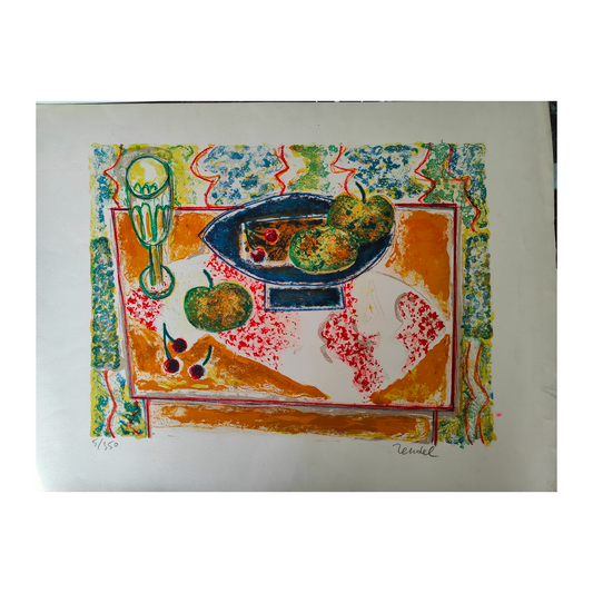 Nature morte lithographie Gabriel Zendel composition florale et fruits art contemporain graphique
