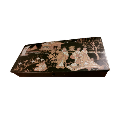 Plumier carton bouilli fermoir décor asiatique Napoléon III XIXe siècle brocante authentique