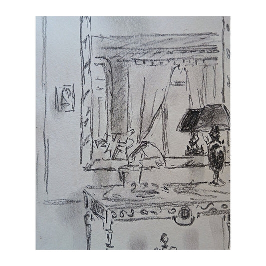 Dessin sur carnet d’étude de Benn intitulé Intérieur, scène intérieure au trait fin, œuvre non encadrée au format 16 x 24 cm