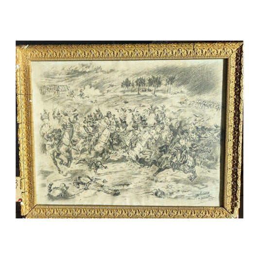 Grand dessin au crayon représentant une charge de cavalerie datée du 18 décembre 1916, scène militaire de 1916 dans un encadrement soigné