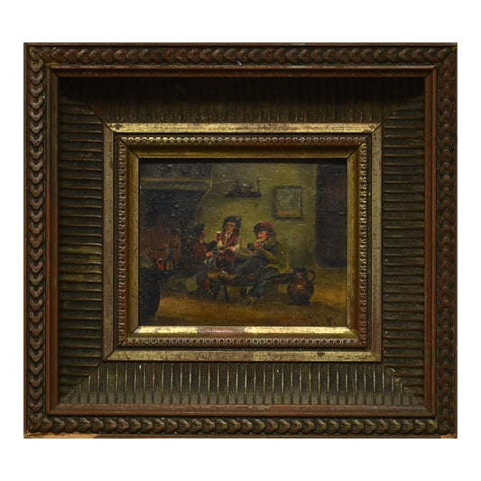 L'Estaminet peinture à l'huile sur métal monogramme non reconnu scène de café intérieur convivial art moderne
