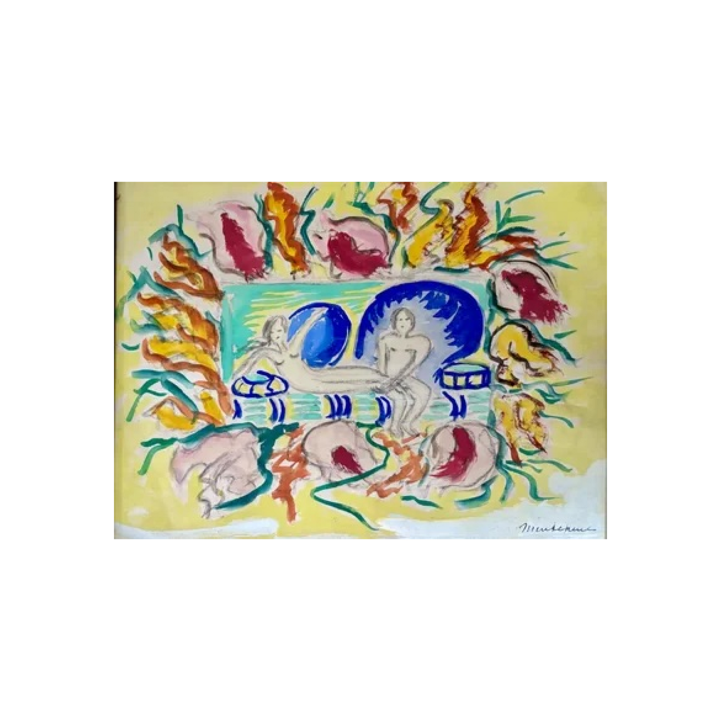 Femmes se prélassant gouache Isaac Mintchine École de Paris scène féminine art moderne français 22x32 cm 350 euros