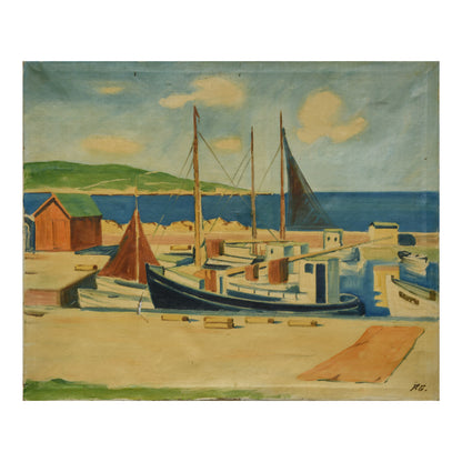 Port huile sur toile monogrammé P.G. paysage maritime scène portuaire art moderne 350 euros