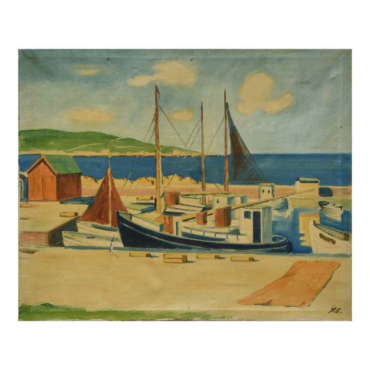 Port huile sur toile monogrammé P.G. paysage maritime scène portuaire art moderne 350 euros