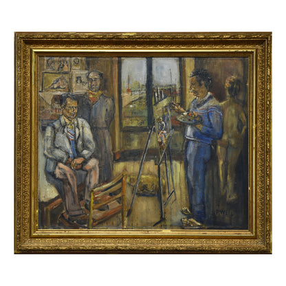 Peintre dans son atelier huile Paul Weil art moderne français 70x59 cm scène d'atelier 2000 euros encadré signé