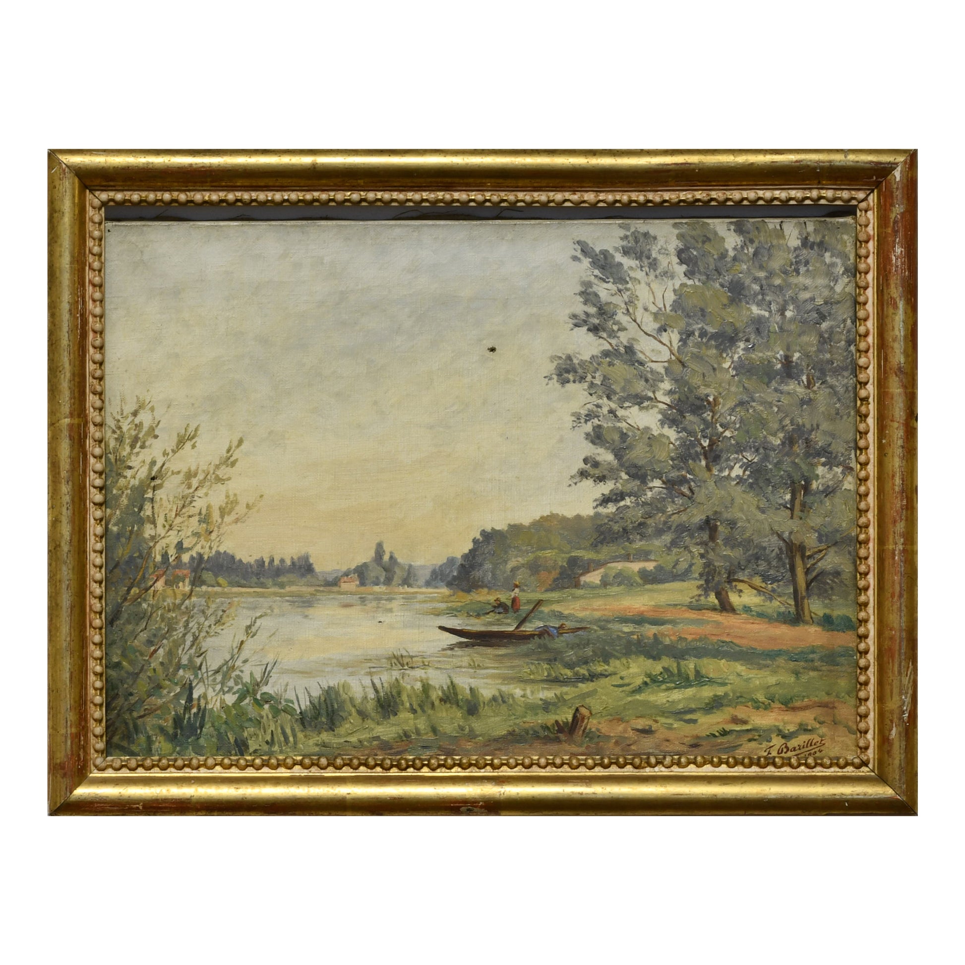 Pêcheur peinture à l'huile F. Barillet scène de pêcheur bord de rivière ou mer art figuratif moderne
