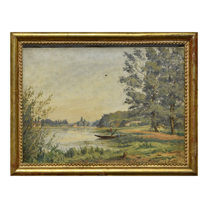 Pêcheur peinture à l'huile F. Barillet scène de pêcheur bord de rivière ou mer art figuratif moderne
