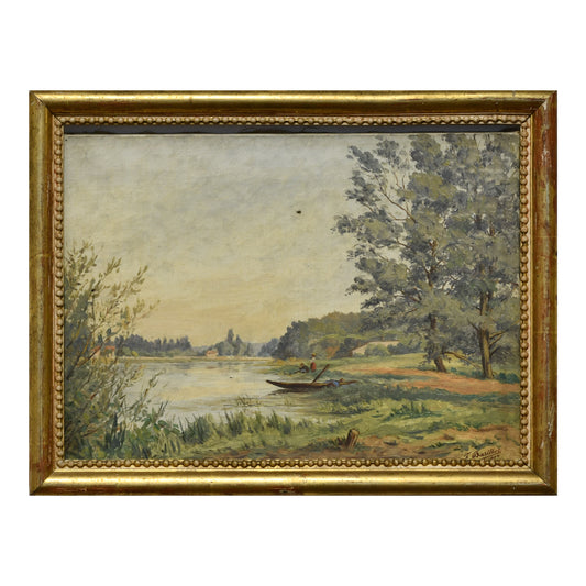 Pêcheur peinture à l'huile F. Barillet scène de pêcheur bord de rivière ou mer art figuratif moderne
