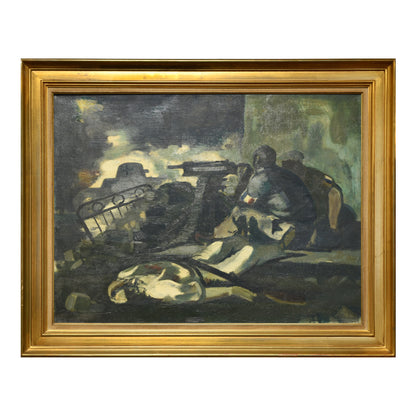 L'Arrivée des Chars huile Lucien Fontanarosa scène militaire art moderne français 97x76 cm 1500 euros encadré