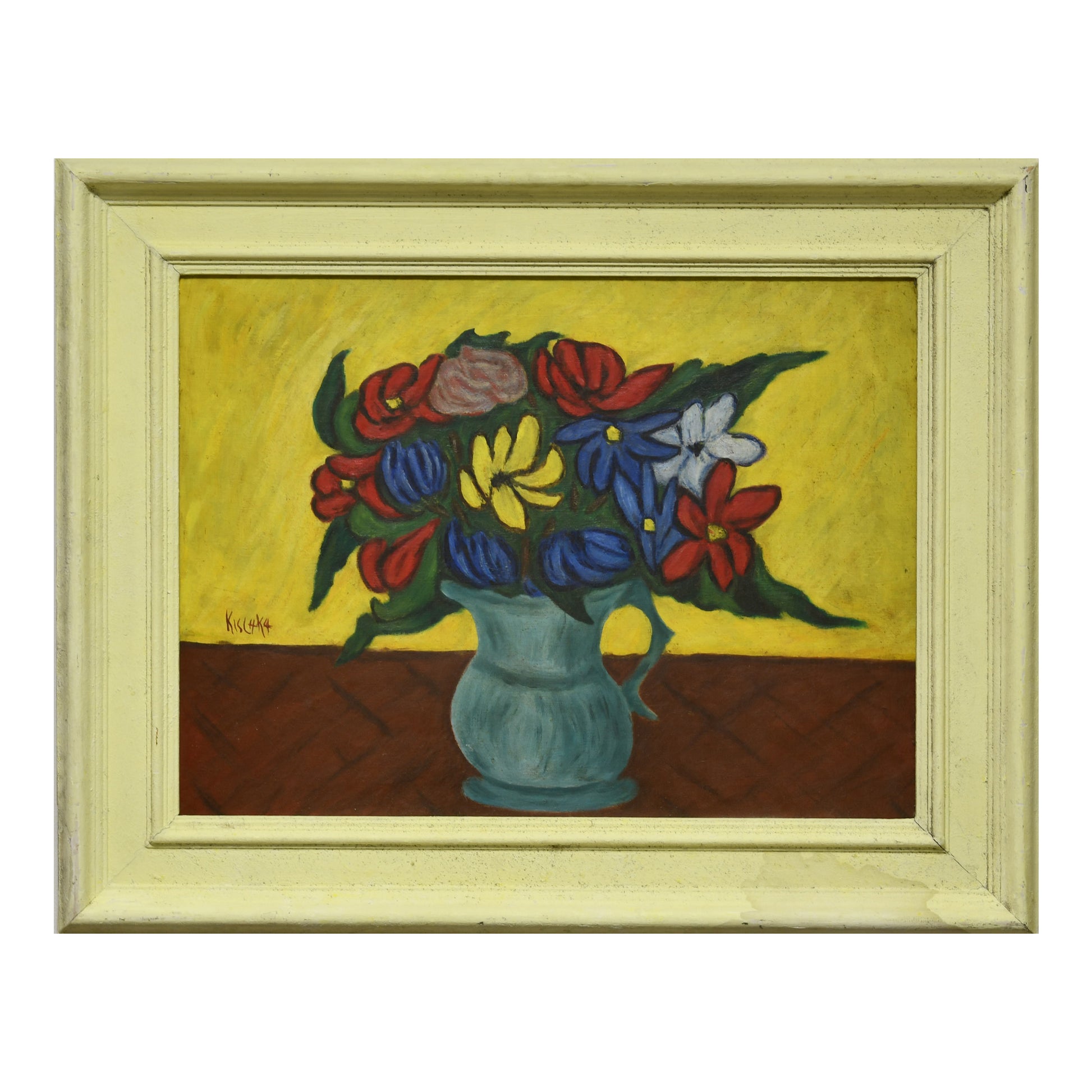 Bouquet de fleurs huile sur toile Isis Kishka nature morte florale art moderne français 49x59 cm authentique 800 euros