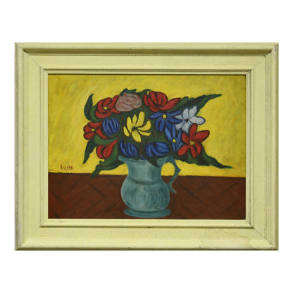 Bouquet de fleurs huile sur toile Isis Kishka nature morte florale art moderne français 49x59 cm authentique 800 euros