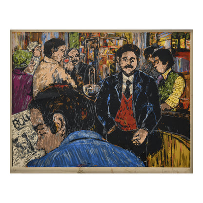 Au bistro lithographie David Azuz scène de café intérieur convivial personnages art contemporain
