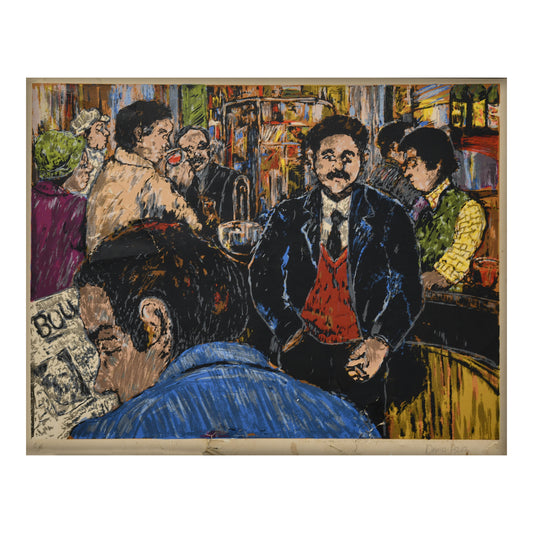 Au bistro lithographie David Azuz scène de café intérieur convivial personnages art contemporain
