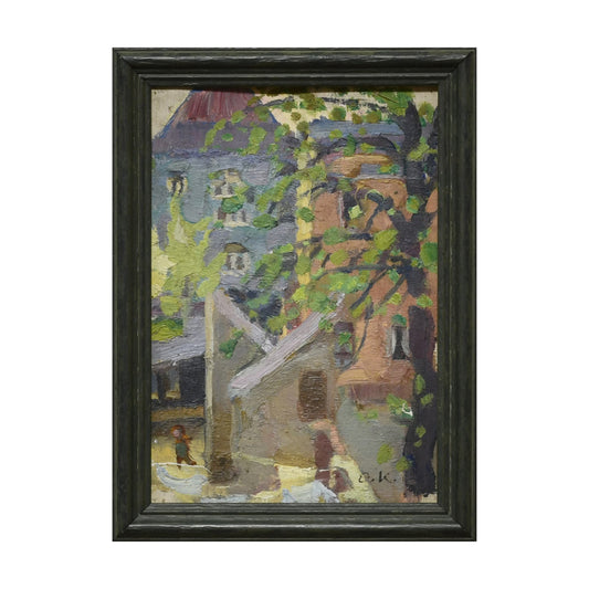 Maison huile sur toile monogrammé O.K. architecture résidentielle scène domestique art moderne