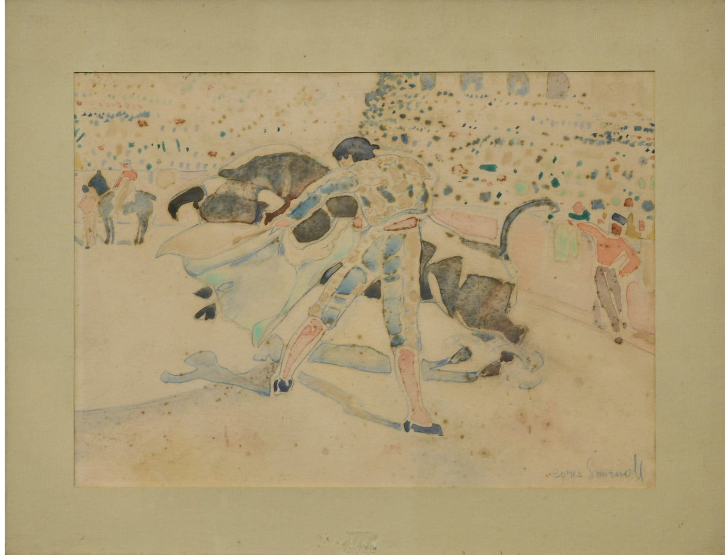 Corrida aquarelle Boris Smirnoff scène tauromachie art russe École de Paris 1903-2007 38x48 cm authentique