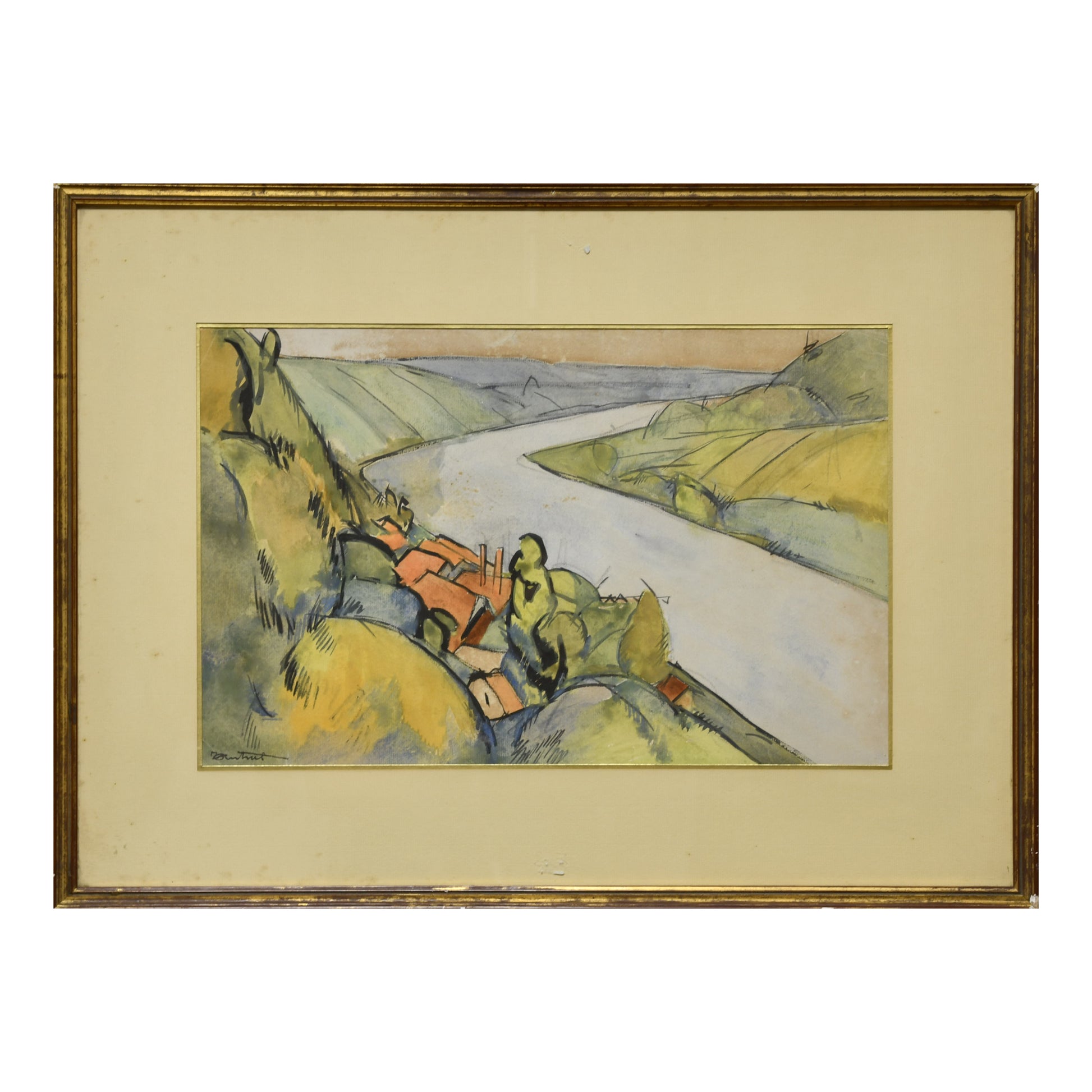 Paysage Fluvial aquarelle Louis Robert Antral paysage rivière art français 67x50 cm 450 euros