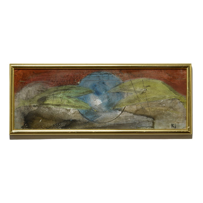 Peinture à l'huile sur carton monogramme K.J. composition artistique scène figurative art moderne

