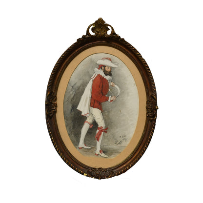 Acteur en Costume aquarelle monogrammé EB théâtre costume 1887 art français XIXe siècle 51x36 cm 600 euros